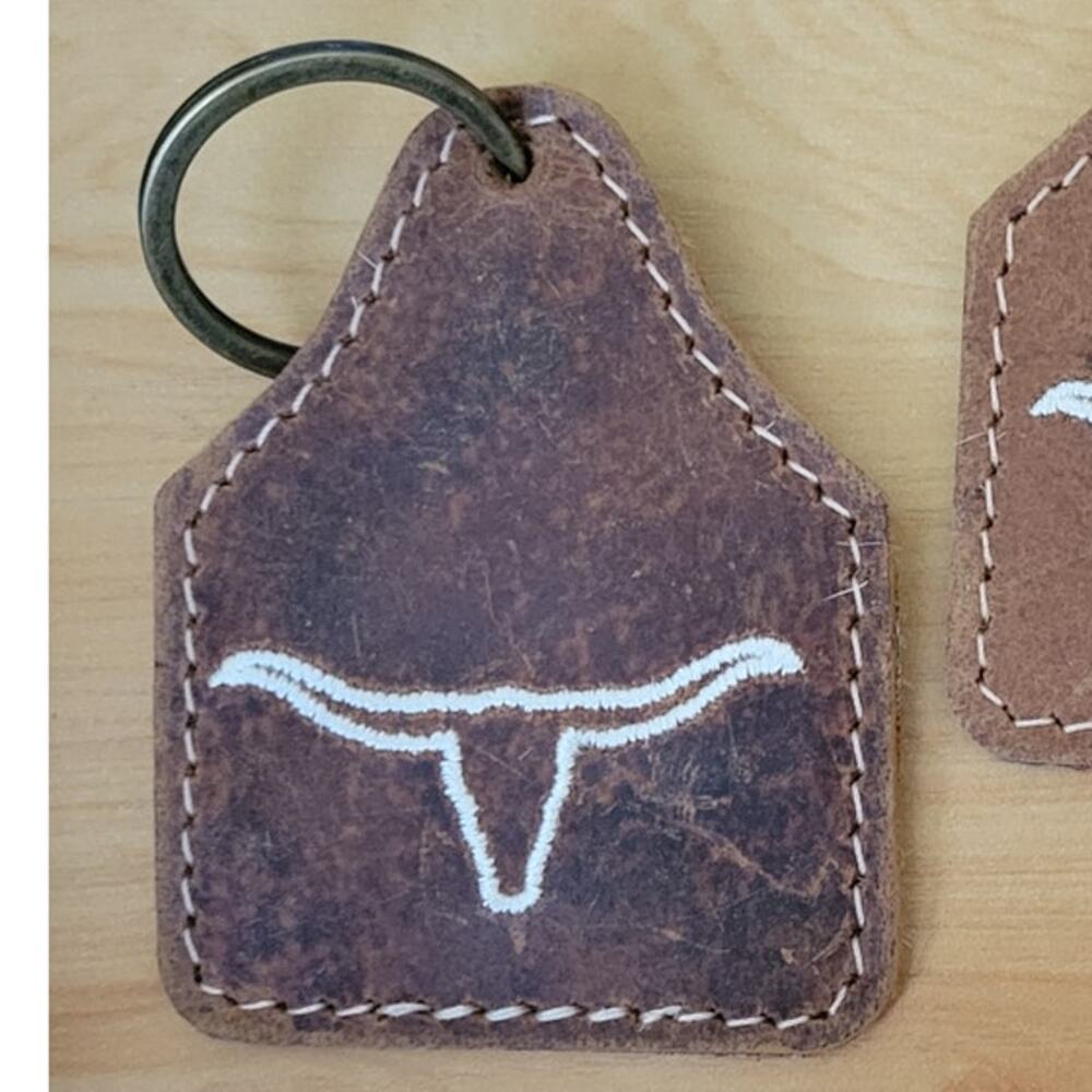 Cowhide Leather Longhorn Keychain Brown and Cream